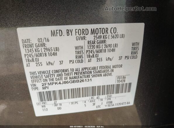 2FMPK4J86GBB26131 2016 FORD EDGE Gray Вид підкапотного простору