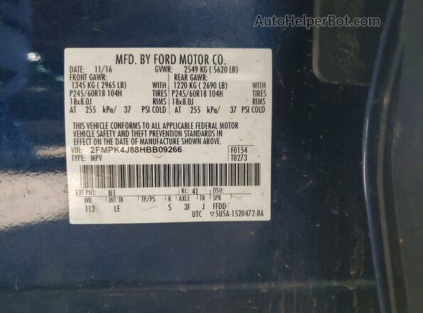 2FMPK4J88HBB09266 2017 FORD EDGE Blue Панорамний вид салону 360°