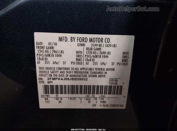 2FMPK4J88JBB59932 2018 FORD EDGE Blue Շարժիչի բաժամունքի տեսք