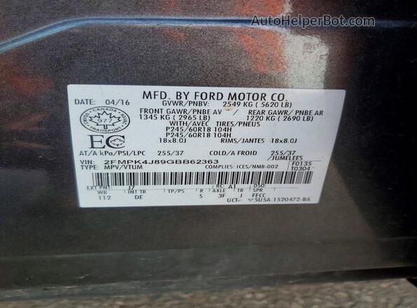 2FMPK4J89GBB62363 2016 FORD EDGE Gray 