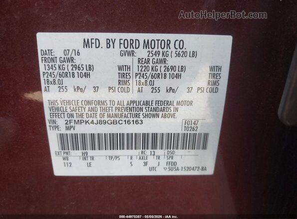 2FMPK4J89GBC16163 2016 FORD EDGE Burgundy Widok komory silnika