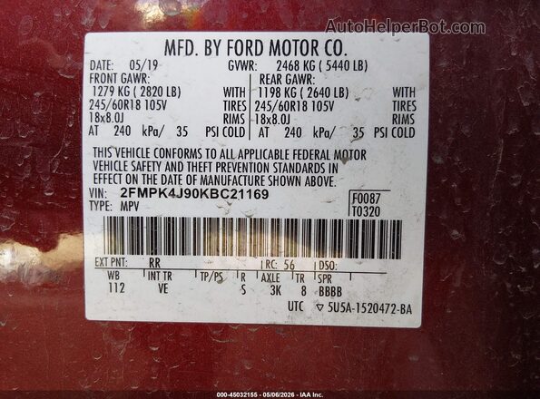 2FMPK4J90KBC21169 2019 FORD EDGE Red ძრავის განყოფილების ხედი