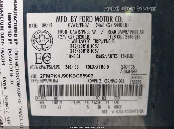2FMPK4J90KBC65902 2019 FORD EDGE Blue Engine compartment view