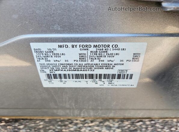 2FMPK4J90MBA60132 2021 FORD EDGE Серебряный Вид наклейки с VIN-кодом