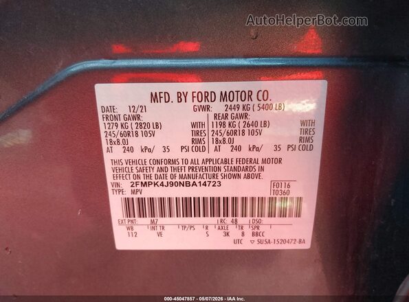 2FMPK4J90NBA14723 2022 FORD EDGE Gray Vista del compartimento del motor