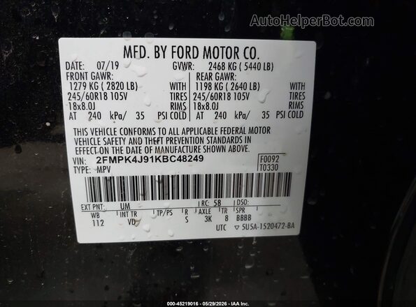 2FMPK4J91KBC48249 2019 FORD EDGE Black Engine compartment view