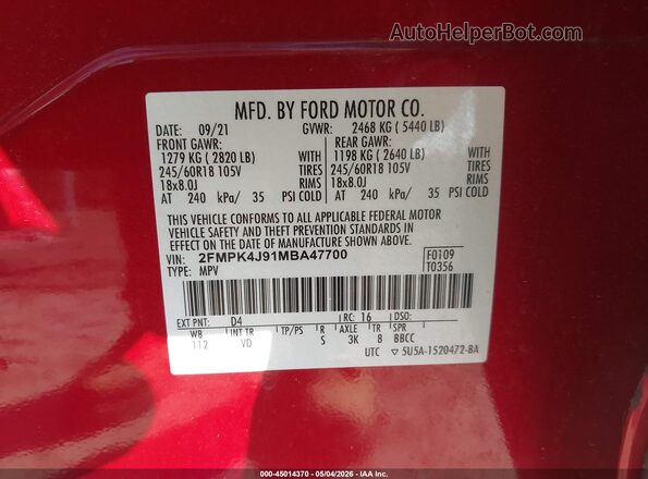 2FMPK4J91MBA47700 2021 FORD EDGE Красный Вид подкапотного пространства
