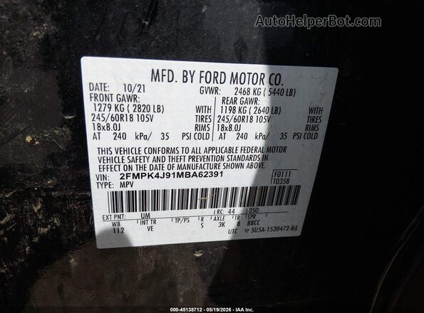 2FMPK4J91MBA62391 2021 FORD EDGE Black Շարժիչի բաժամունքի տեսք