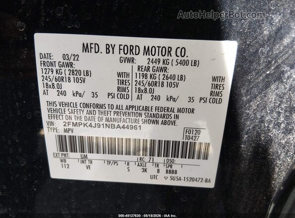 2FMPK4J91NBA44961 2022 FORD EDGE Black Widok komory silnika