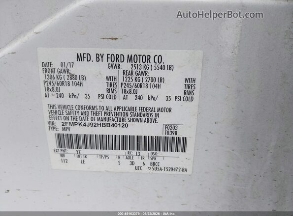 2FMPK4J92HBB40120 2017 FORD EDGE Белый Вид подкапотного пространства