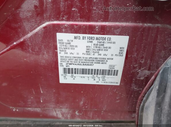 2FMPK4J92LBA06457 2020 FORD EDGE Red 