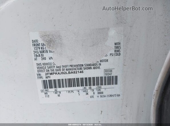 2FMPK4J92LBA82146 2020 FORD EDGE White ძრავის განყოფილების ხედი
