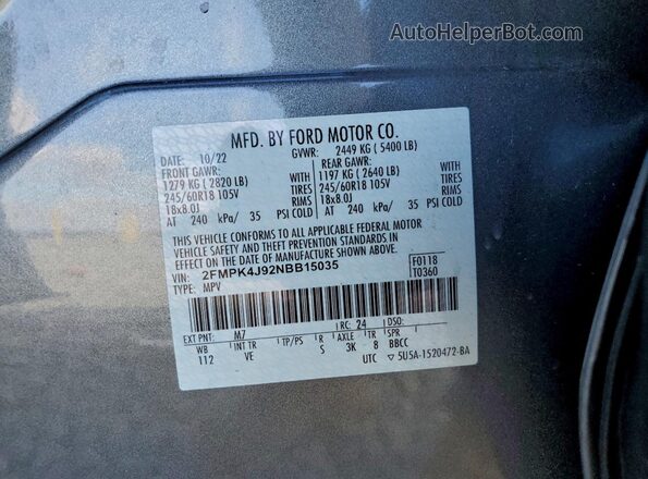 2FMPK4J92NBB15035 2022 FORD EDGE Gray 