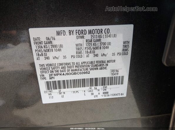 2FMPK4J93GBC03952 2016 FORD EDGE Gray 
