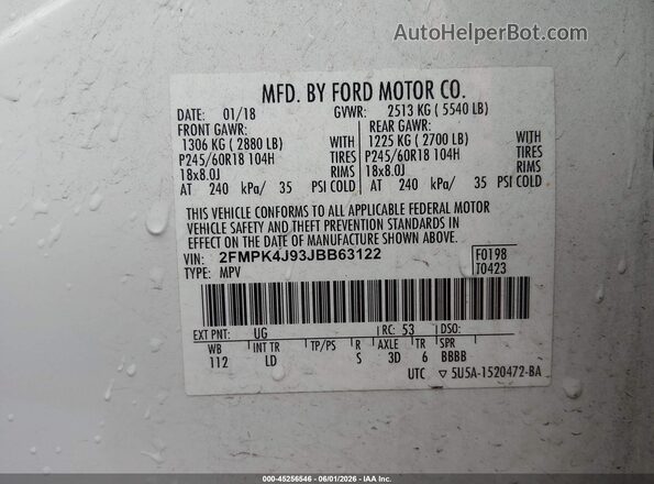 2FMPK4J93JBB63122 2018 FORD EDGE White Engine compartment view