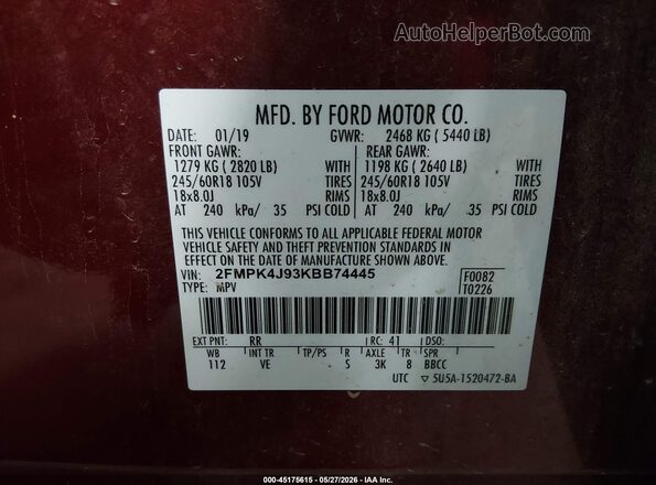 2FMPK4J93KBB74445 2019 FORD EDGE Красный Вид подкапотного пространства