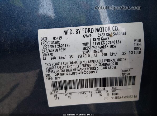 2FMPK4J93KBC06097 2019 FORD EDGE Blue Vista del compartimento del motor