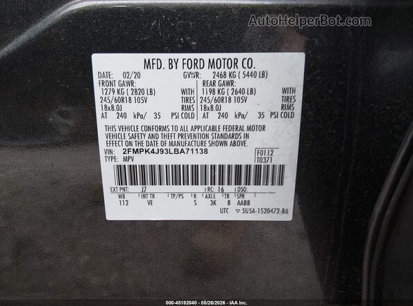 2FMPK4J93LBA71138 2020 FORD EDGE Gray ძრავის განყოფილების ხედი