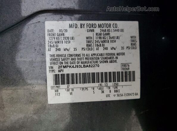 2FMPK4J93LBA82270 2020 FORD EDGE Gray Widok wnętrza 360 stopni