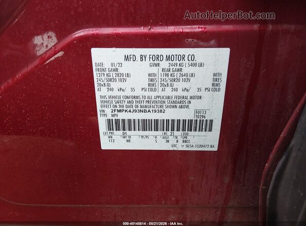 2FMPK4J93NBA19382 2022 FORD EDGE Red Engine compartment view