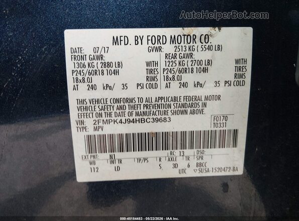 2FMPK4J94HBC39683 2017 FORD EDGE Blue Engine compartment view