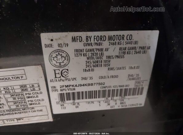 2FMPK4J94KBB77502 2019 FORD EDGE Gray Widok komory silnika