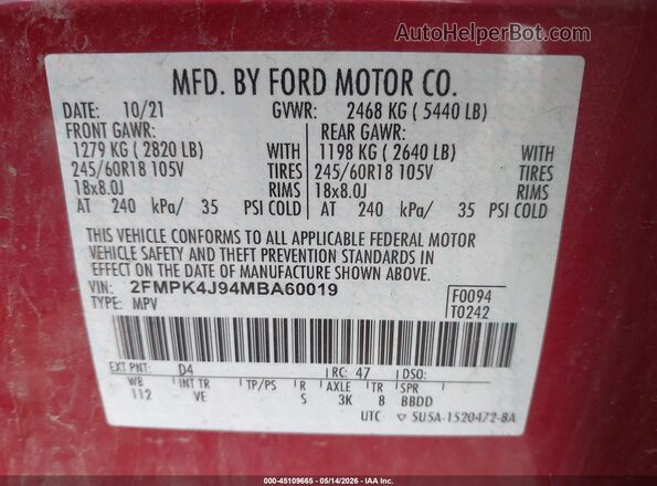2FMPK4J94MBA60019 2021 FORD EDGE Red Vista del compartimento del motor