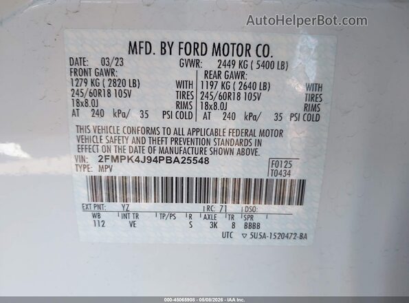 2FMPK4J94PBA25548 2023 FORD EDGE White Vista del compartimento del motor