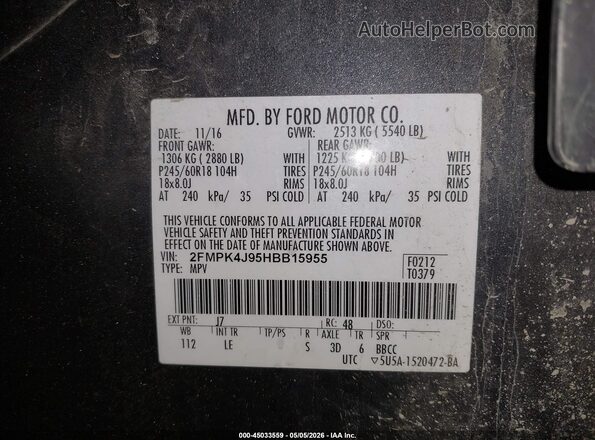 2FMPK4J95HBB15955 2017 FORD EDGE Серый Вид подкапотного пространства