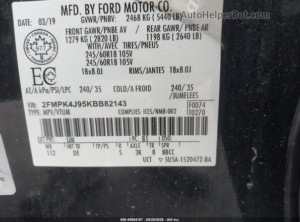 2FMPK4J95KBB82143 2019 FORD EDGE Black Vista del compartimento del motor