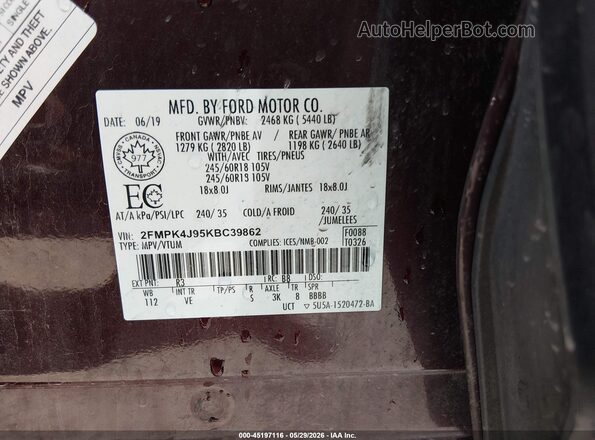 2FMPK4J95KBC39862 2019 FORD EDGE Red 