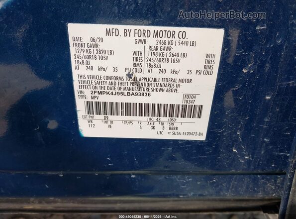 2FMPK4J95LBA93836 2020 FORD EDGE Light Blue Շարժիչի բաժամունքի տեսք