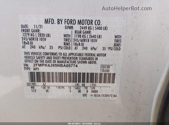2FMPK4J95NBA05774 2022 FORD EDGE White Engine compartment view