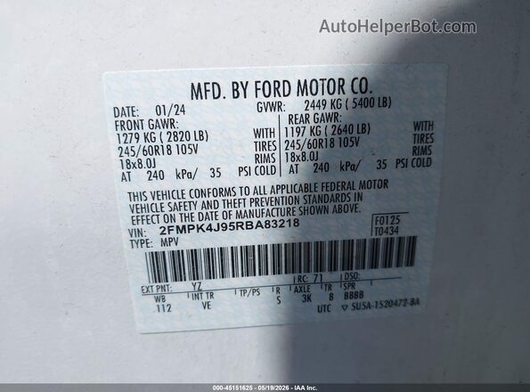 2FMPK4J95RBA83218 2024 FORD EDGE White Vista del compartimento del motor