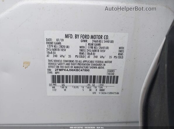 2FMPK4J96KBC47890 2019 FORD EDGE Белый Вид подкапотного пространства