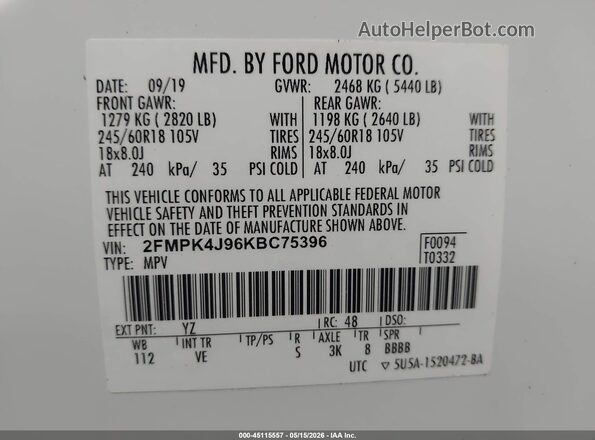 2FMPK4J96KBC75396 2019 FORD EDGE White Շարժիչի բաժամունքի տեսք