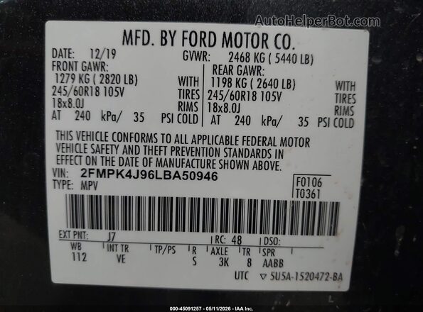 2FMPK4J96LBA50946 2020 FORD EDGE Gray ძრავის განყოფილების ხედი