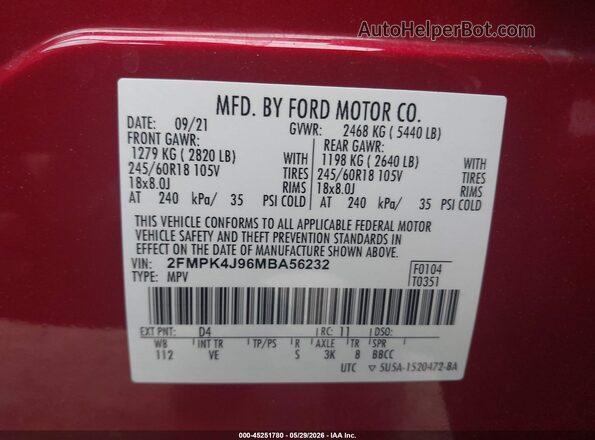 2FMPK4J96MBA56232 2021 FORD EDGE Red 