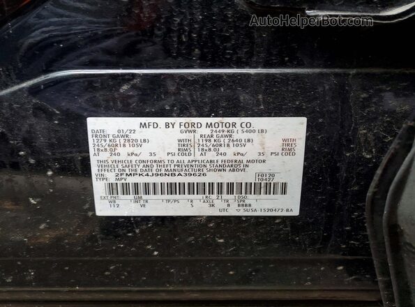 2FMPK4J96NBA39626 2022 FORD EDGE Black VIN sticker view