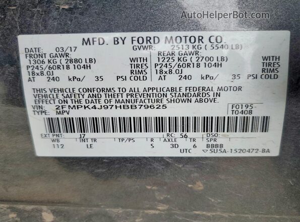 2FMPK4J97HBB79625 2017 FORD EDGE Charcoal Սալոնի 360 աստիճան տեսք