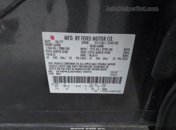 2FMPK4J97HBC15975 2017 FORD EDGE Gray Вид підкапотного простору