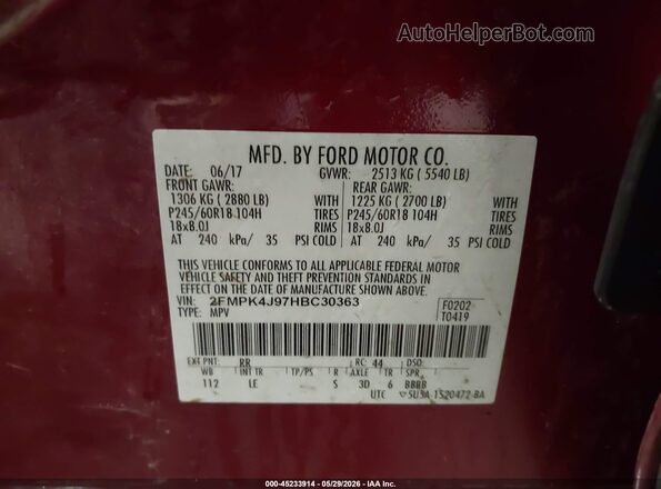 2FMPK4J97HBC30363 2017 FORD EDGE Красный Вид подкапотного пространства
