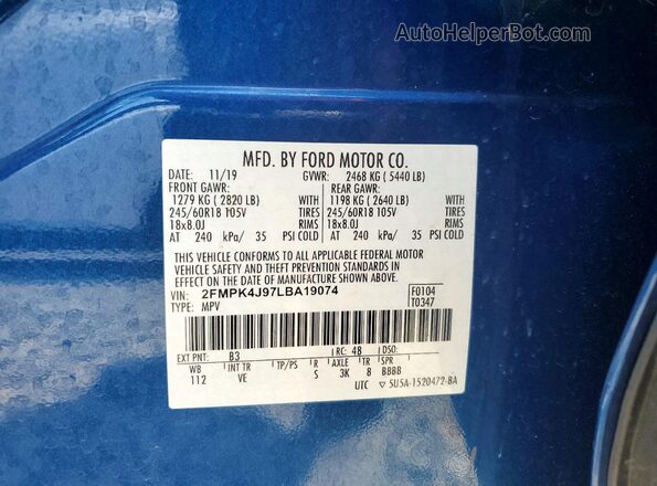 2FMPK4J97LBA19074 2020 FORD EDGE Blue Вид наклейки з VIN-кодом