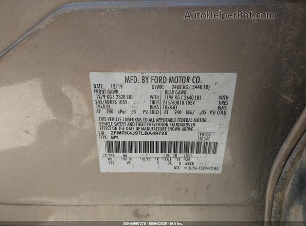 2FMPK4J97LBA49725 2020 FORD EDGE Золотой Вид подкапотного пространства