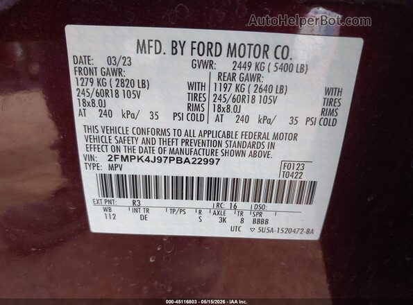 2FMPK4J97PBA22997 2023 FORD EDGE Red ძრავის განყოფილების ხედი