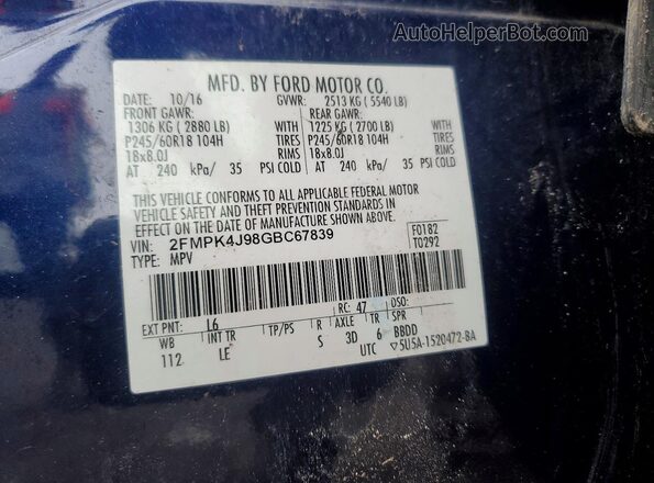 2FMPK4J98GBC67839 2016 FORD EDGE Blue Vista de la etiqueta del VIN