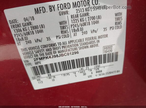 2FMPK4J98JBC01296 2018 FORD EDGE Красный Вид подкапотного пространства