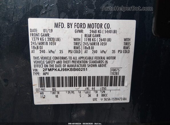 2FMPK4J98KBB60251 2019 FORD EDGE Blue Widok komory silnika