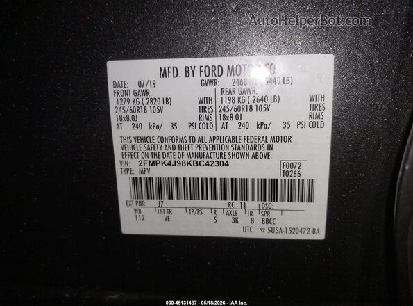 2FMPK4J98KBC42304 2019 FORD EDGE Серый Вид подкапотного пространства
