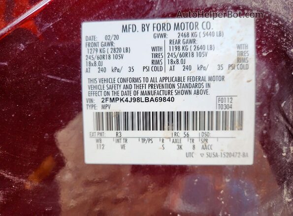 2FMPK4J98LBA69840 2020 FORD EDGE Purple 